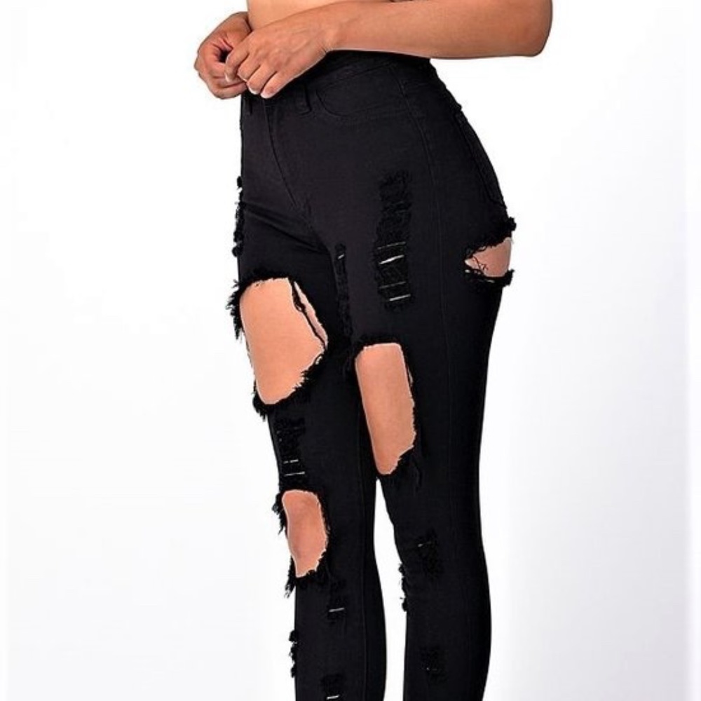 High Rise Skinny Jeans w/ Thigh & Knee Cut Outs